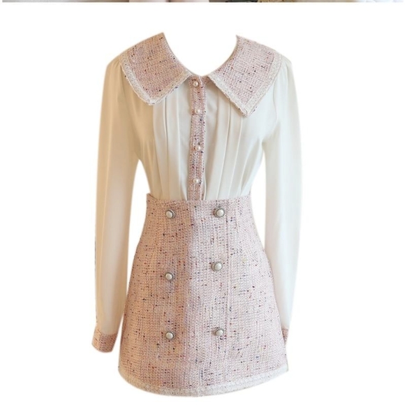 NWT DARK ACADEMIA PINK TWEED MATCHING SKIRT BLOUSE SET SIZE: SMALL-LARGE - Picture 4 of 15